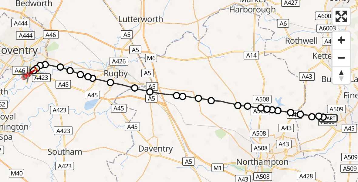 Flight path map showing Air Ambulance Helicopter route from Wellingborough to Coventry Airport