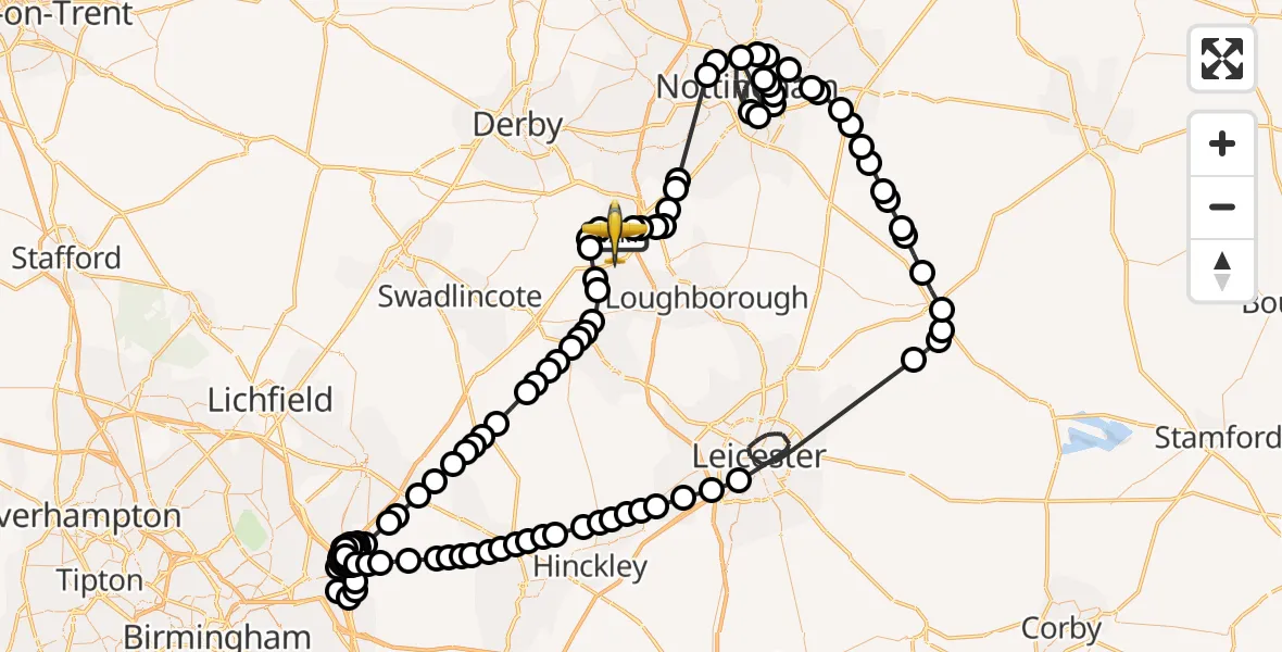 Flight path map showing Police Aircraft route from East Midlands Airport to East Midlands Airport