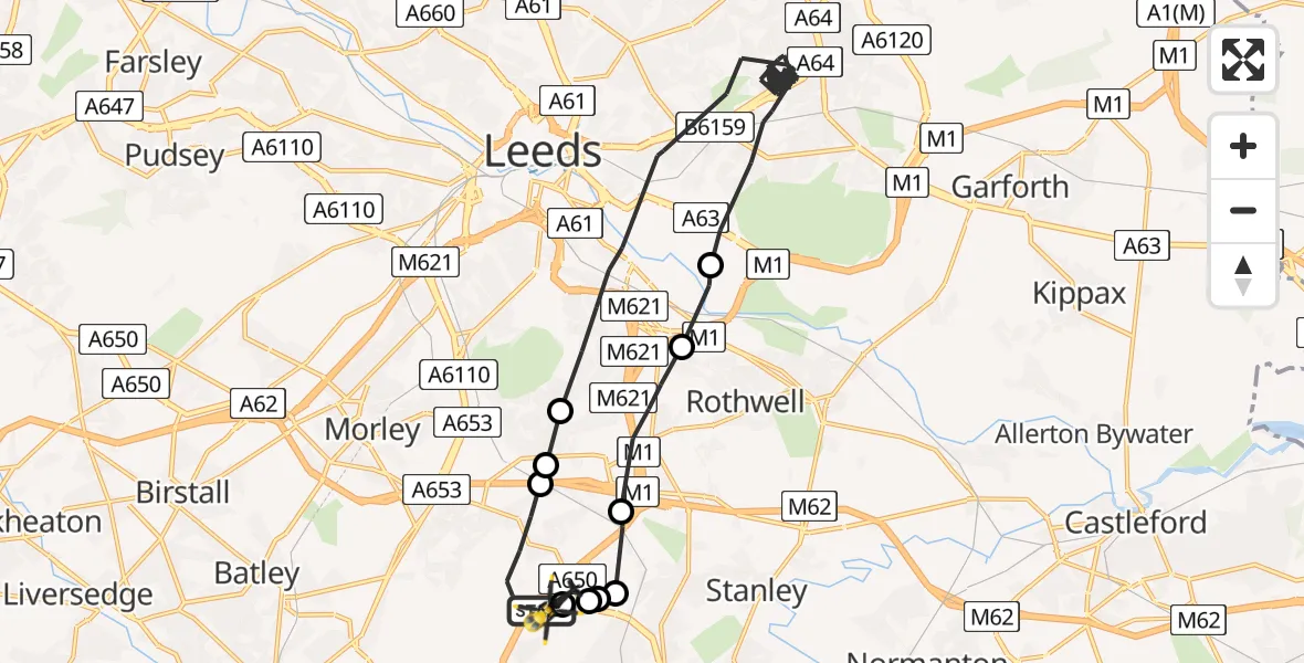 Flight path map showing Police Helicopter route from East Ardsley to East Ardsley