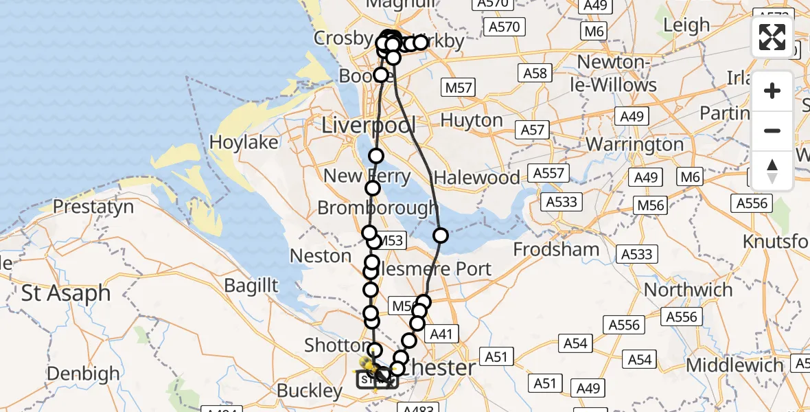 Flight path map showing Police Helicopter route from Hawarden Airport to Sandycroft