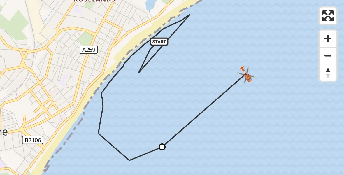 Flight path map showing Coastguard Helicopter route from Eastbourne to English Channel