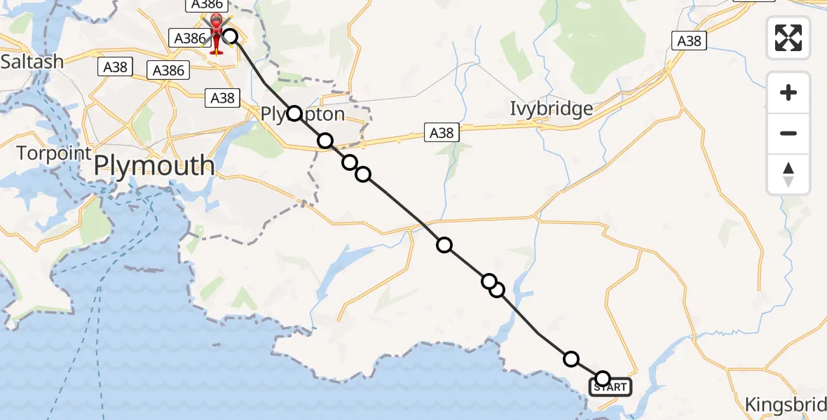 Flight path map showing Air Ambulance Helicopter route from Ringmore to Plymouth