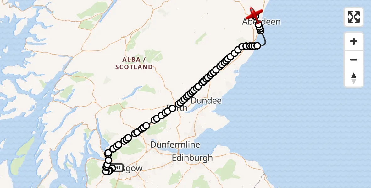 Flight path map showing Air Ambulance Aircraft route from Glasgow Airport to Aberdeen International Airport