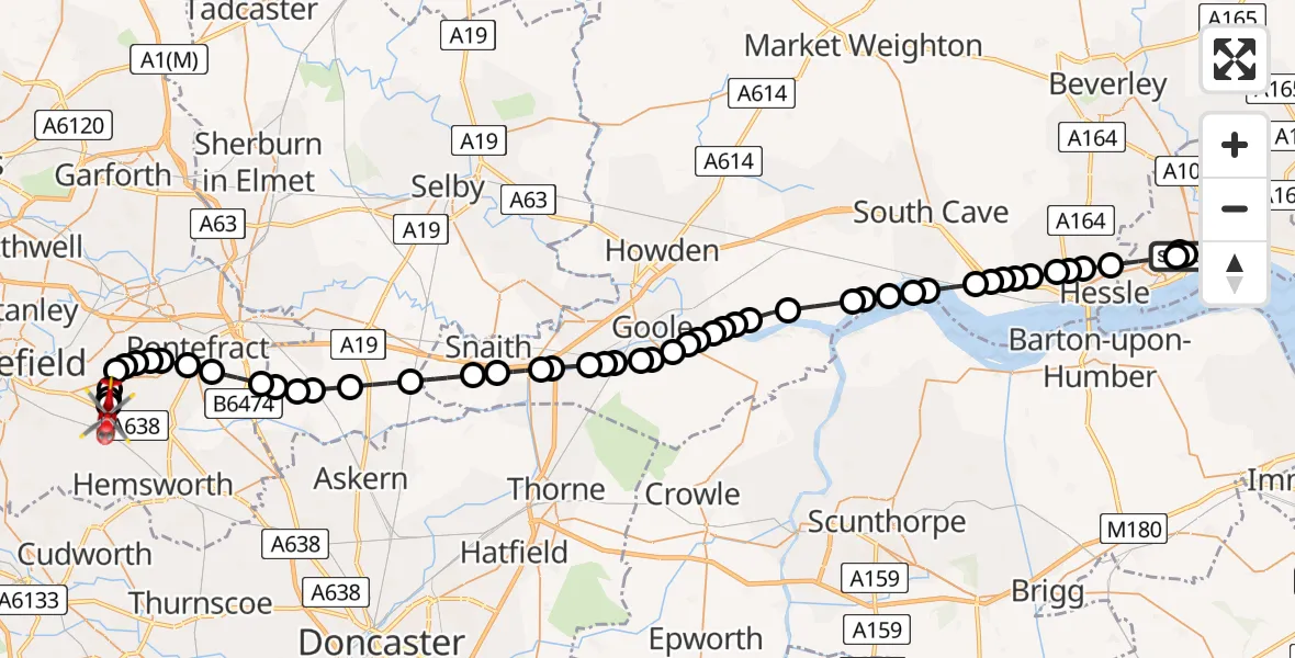 Flight path map showing Air Ambulance Helicopter route from Hull Royal Infirmary to YAA Nostell Helicopter Port