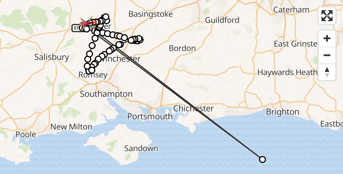 Flight path map showing Air Ambulance Helicopter route from Thruxton to Penton Grafton