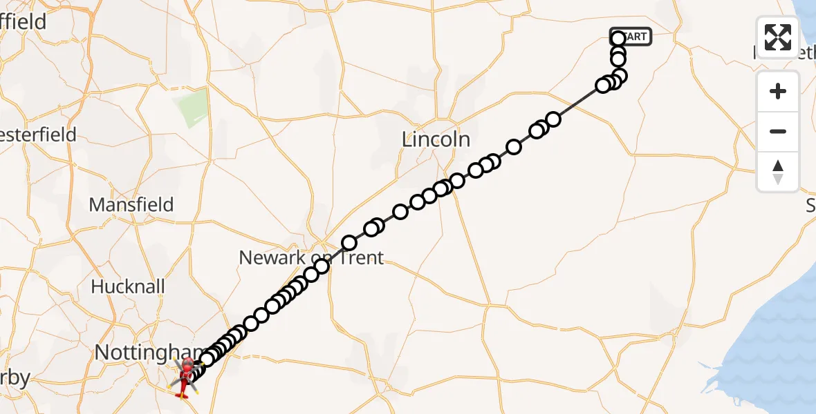 Flight path map showing Air Ambulance Helicopter route from East Lindsey to Nottingham City Airport