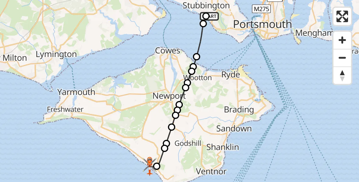 Flight path map showing Coastguard Helicopter route from Solent Airport to Chale