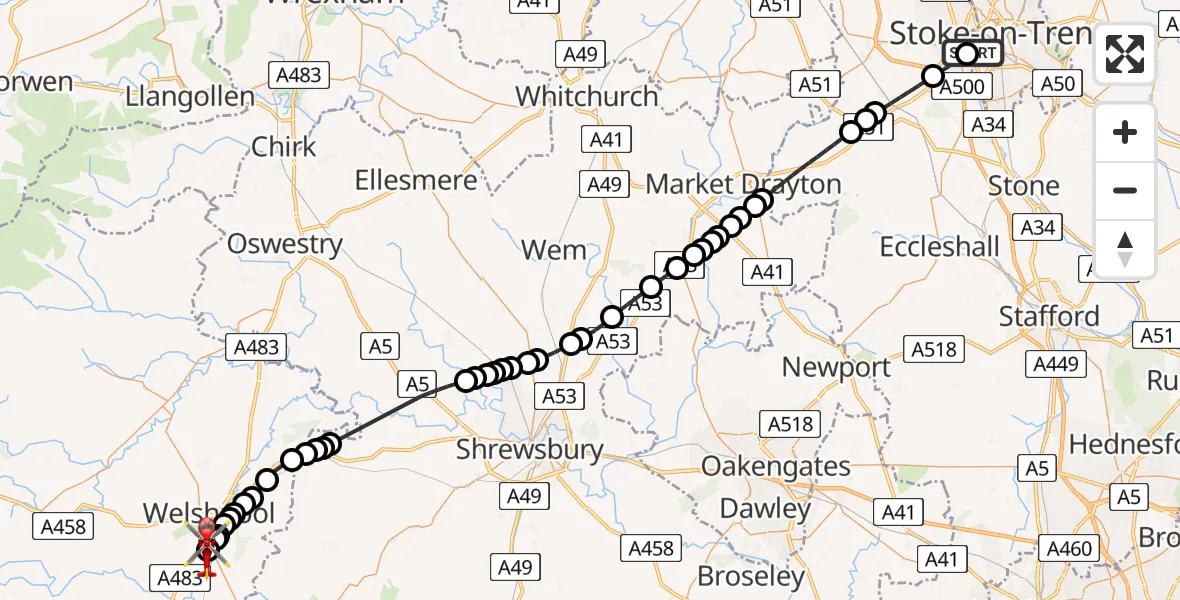 Flight path map showing Air Ambulance Helicopter route from University Hospital North Staffs to Welshpool Airport