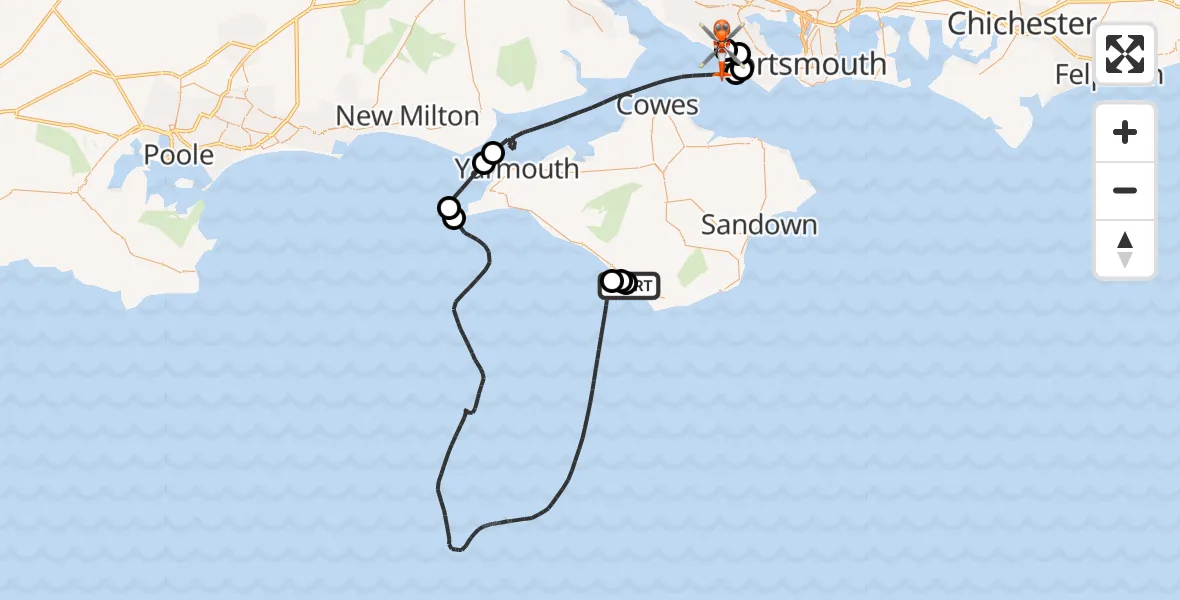 Flight path map showing Coastguard Helicopter route from Chale to Solent Airport