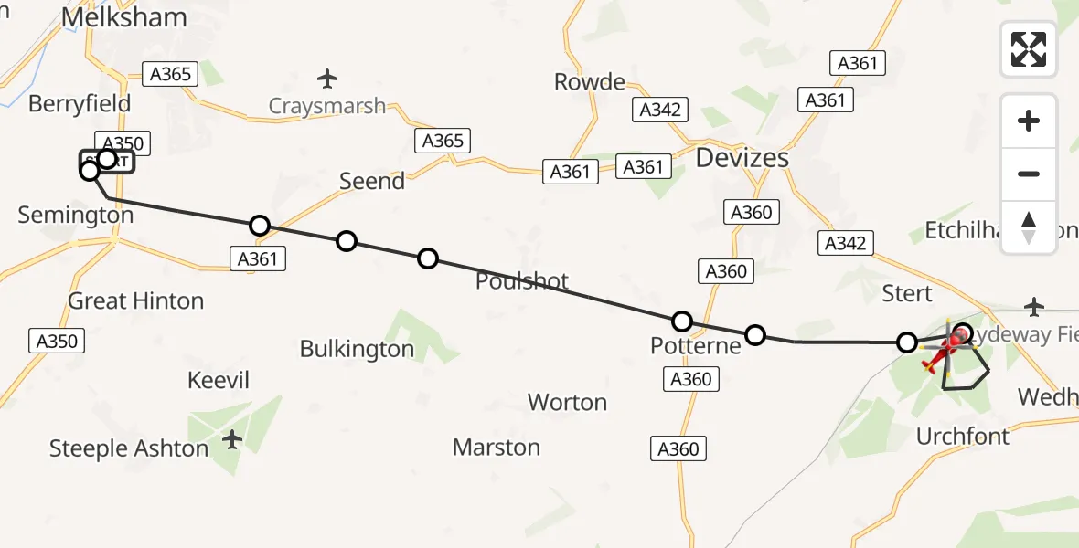 Flight path map showing Air Ambulance Helicopter route from Wiltshire Air Ambulance to Urchfont