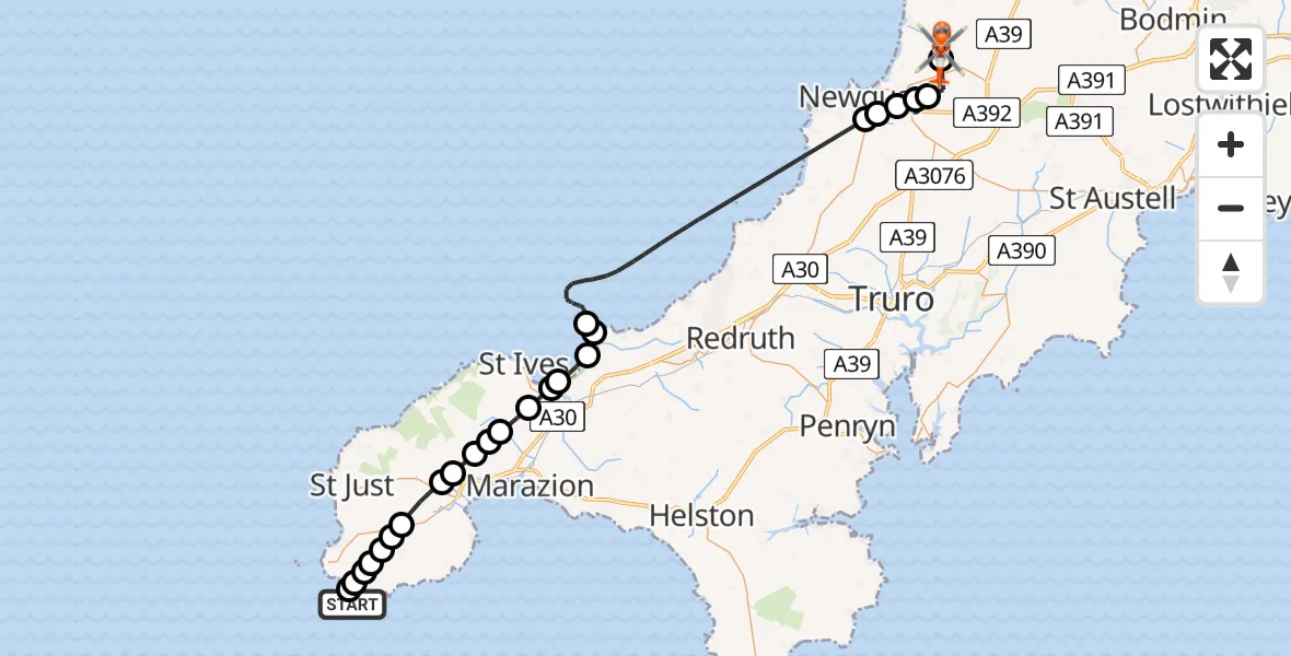 Flight path map showing Coastguard Helicopter route from Porthcurno to Cornwall Airport Newquay