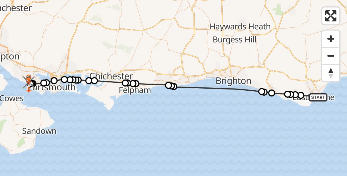 Flight path map showing Coastguard Helicopter route from Eastbourne to Solent Airport