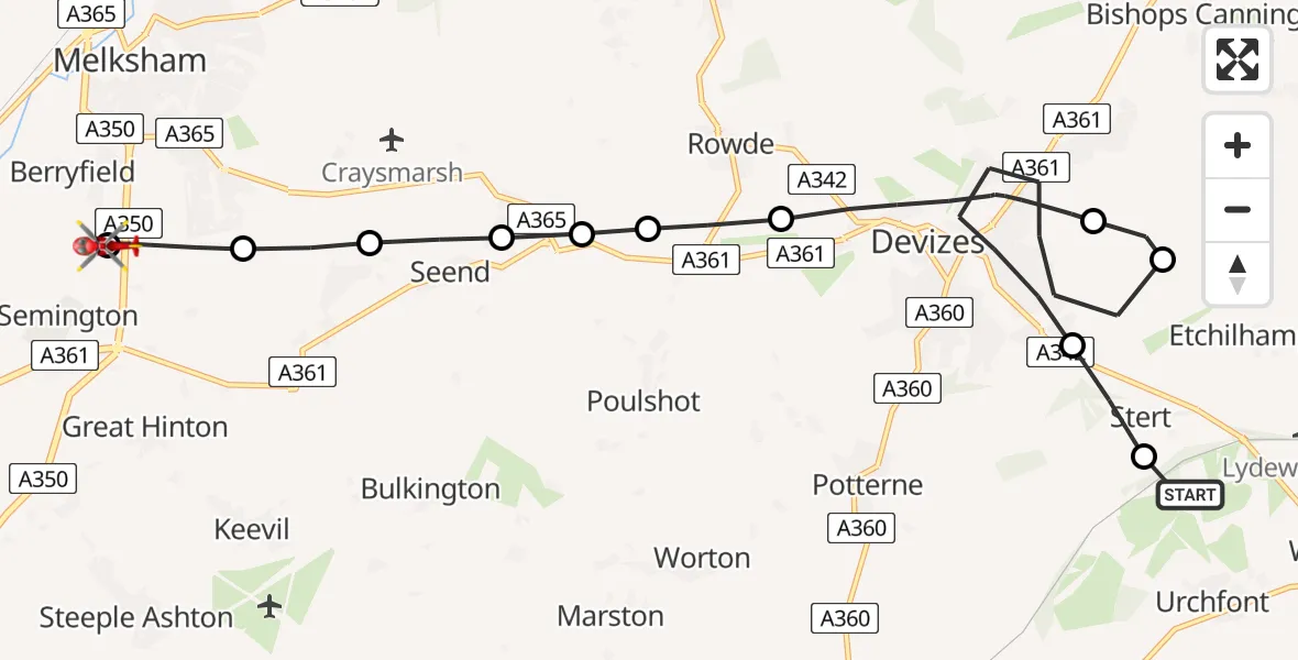 Flight path map showing Air Ambulance Helicopter route from Urchfont to Wiltshire Air Ambulance
