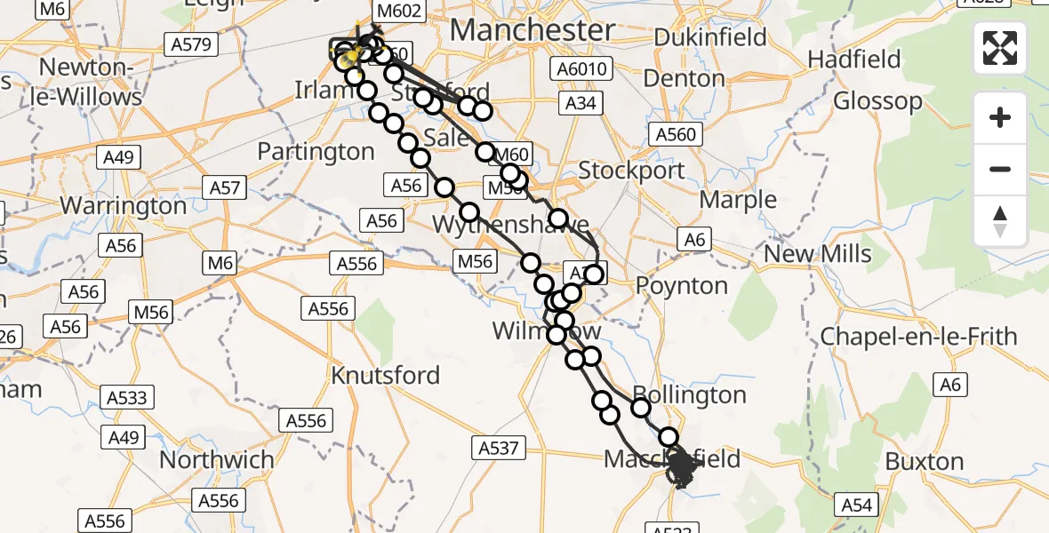 Flight path map showing Police Helicopter route from Manchester Barton Aerodrome to Manchester Barton Aerodrome