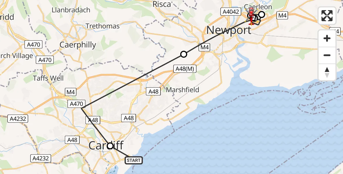Flight path map showing Air Ambulance Helicopter route from Cardiff Heliport to Newport