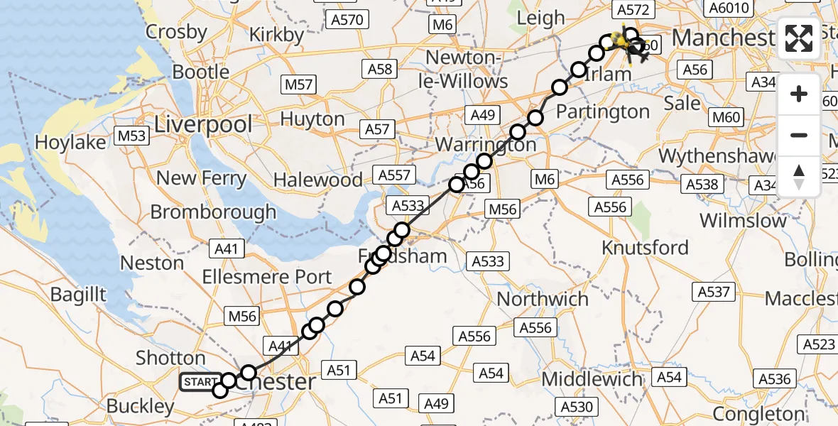 Flight path map showing Police Helicopter route from Sandycroft to Manchester Barton Aerodrome