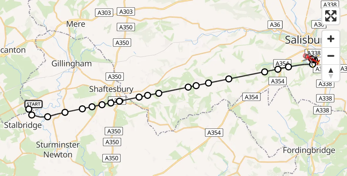 Flight path map showing Air Ambulance Helicopter route from Henstridge Airfield to Salisbury District Hospital