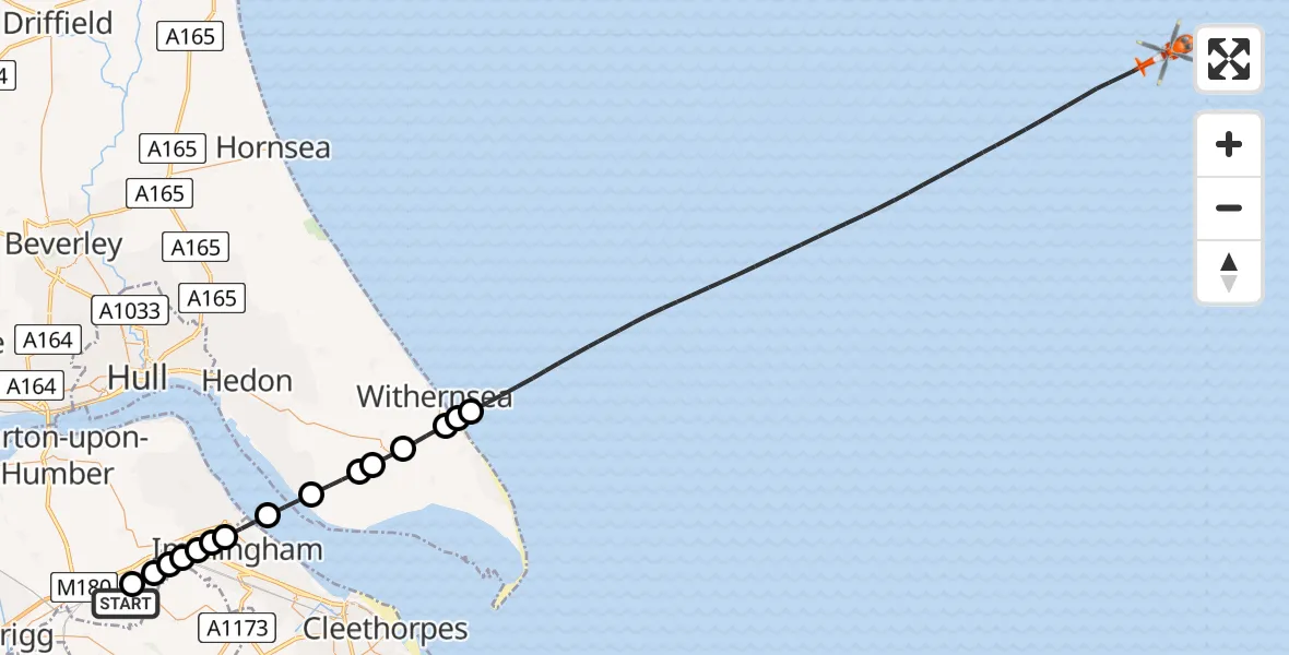 Flight path map showing Coastguard Helicopter route from Humberside Airport to North Sea