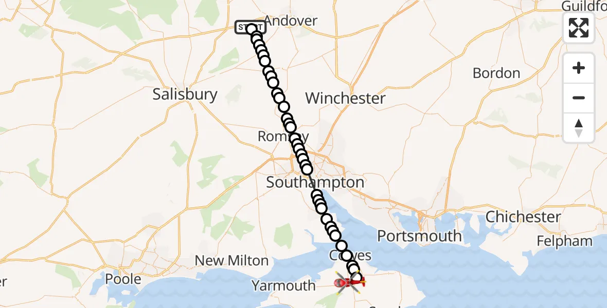 Flight path map showing Air Ambulance Helicopter route from Thruxton to St Marys Hospital Isle Of Wight