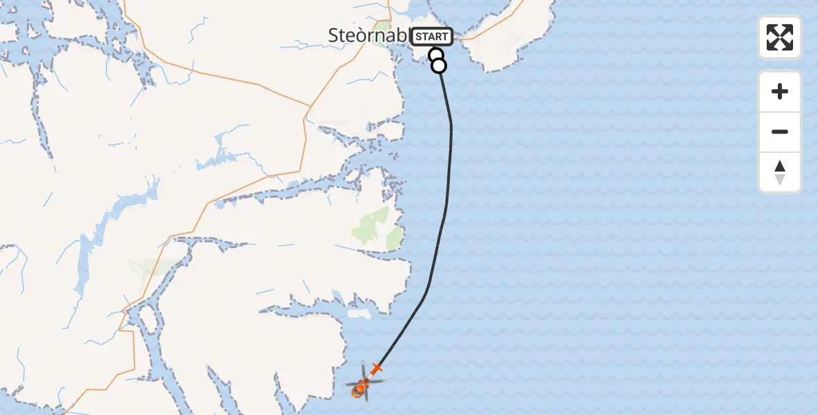 Flight path map showing Coastguard Helicopter route from Stornoway Airport to Inner Seas