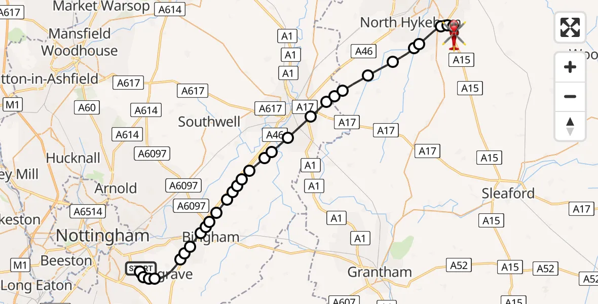 Flight path map showing Air Ambulance Helicopter route from Nottingham City Airport to North Kesteven