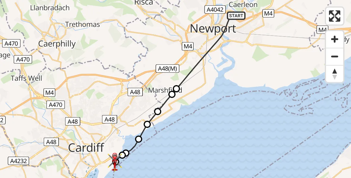 Flight path map showing Air Ambulance Helicopter route from Newport to Cardiff Heliport