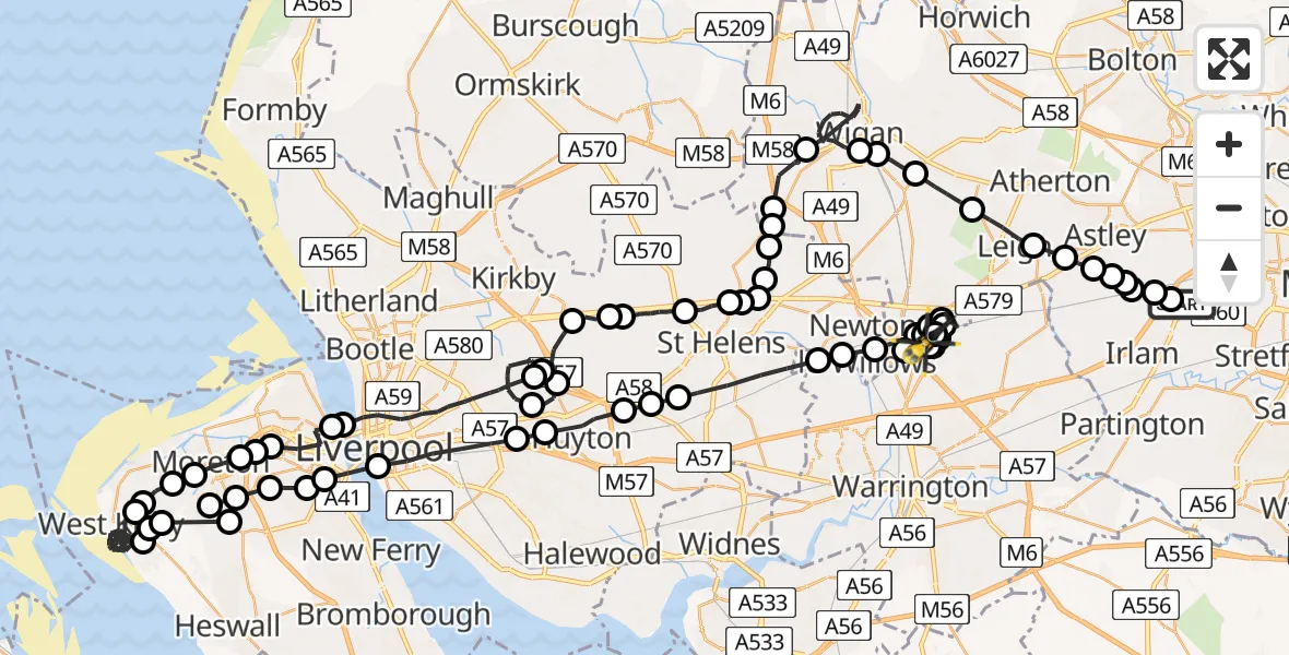Flight path map showing Police Helicopter route from Manchester Barton Aerodrome to Kenyon Hall Farm Airstrip