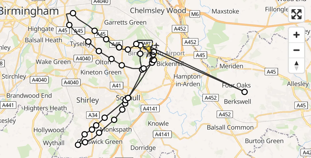 Flight path map showing Police Helicopter route from Birmingham Airport to Bickenhill
