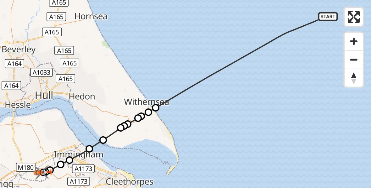 Flight path map showing Coastguard Helicopter route from North Sea to Humberside Airport