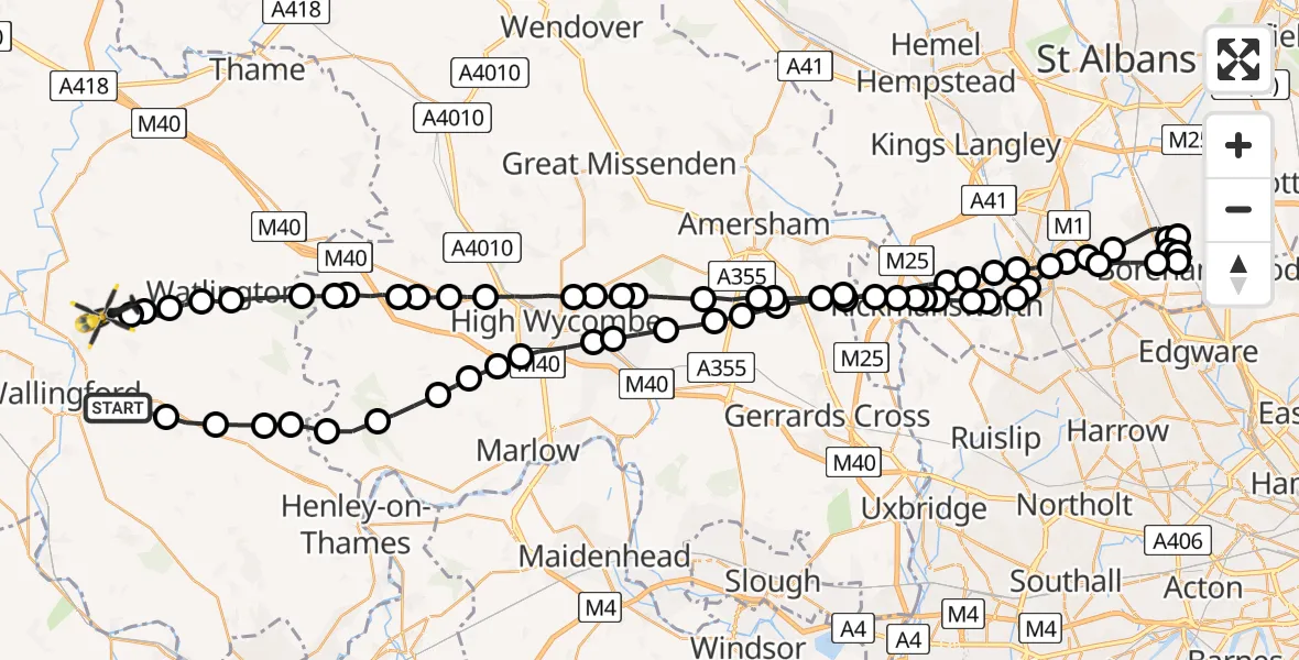 Flight path map showing Police Helicopter route from South Oxfordshire to Ewelme