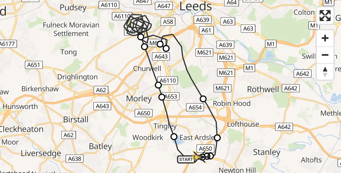 Flight path map showing Police Helicopter route from East Ardsley to East Ardsley