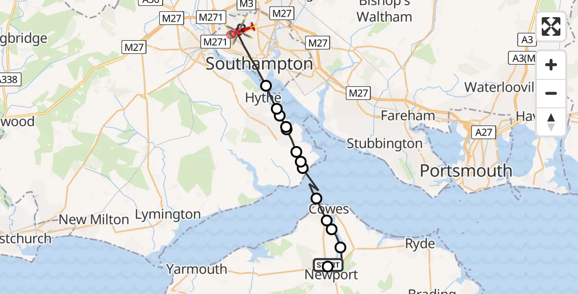 Flight path map showing Air Ambulance Helicopter route from St Marys Hospital Isle Of Wight to University Hospital Southampton