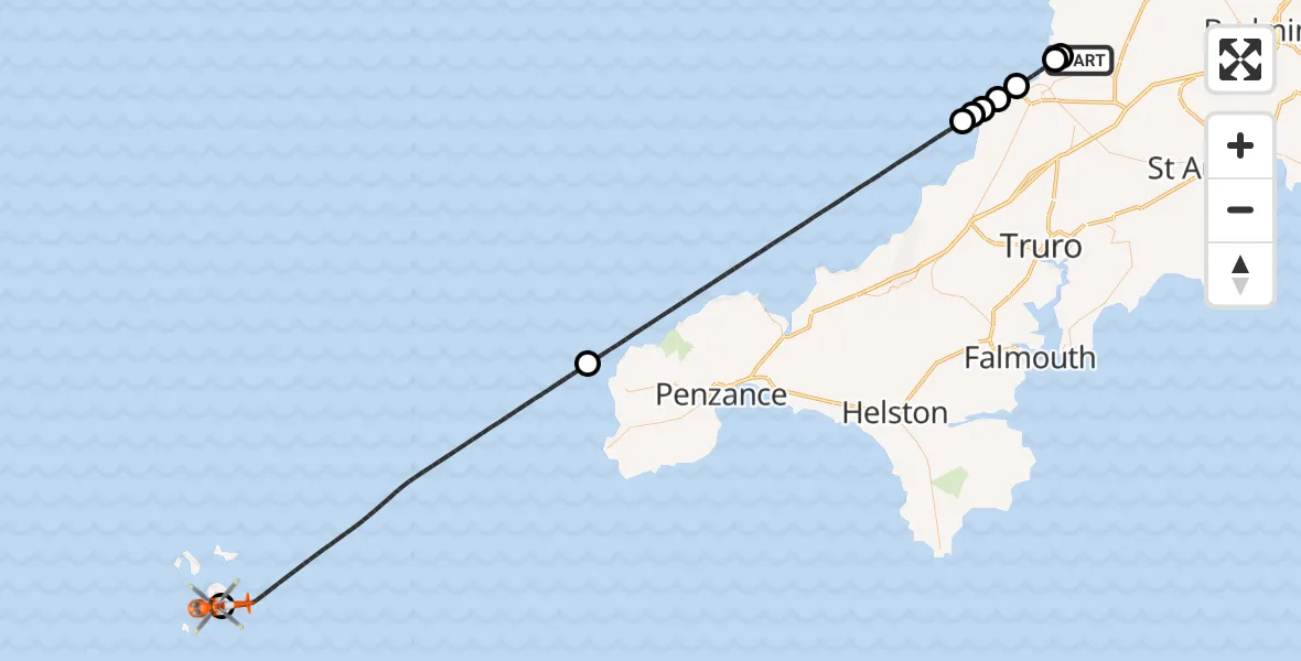 Flight path map showing Coastguard Helicopter route from Cornwall Airport Newquay to St. Mary's Airport