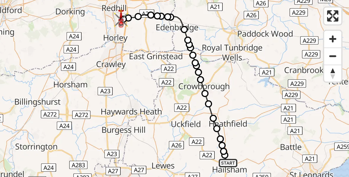 Flight path map showing Air Ambulance Helicopter route from Hellingly to Redhill Aerodrome