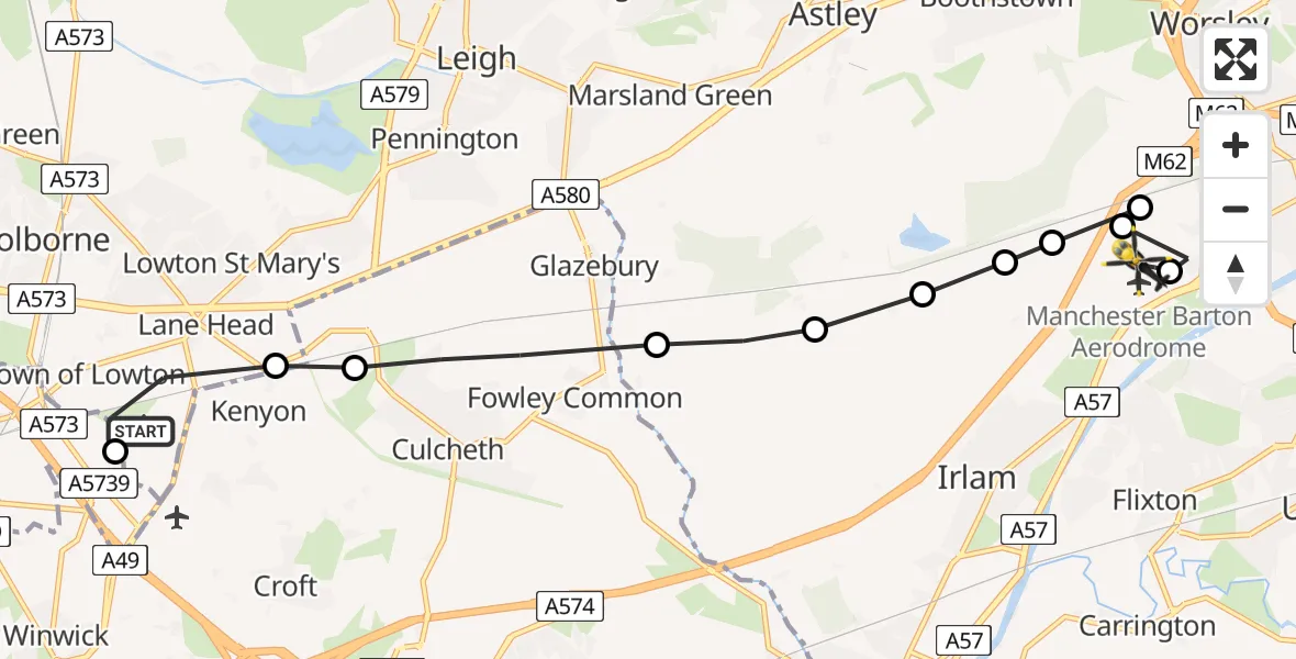 Flight path map showing Police Helicopter route from Kenyon Hall Farm Airstrip to Manchester Barton Aerodrome