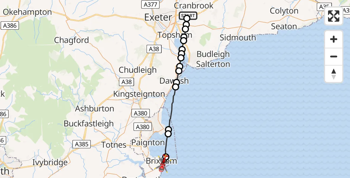 Flight path map showing Air Ambulance Helicopter route from Exeter International Airport to Brixham
