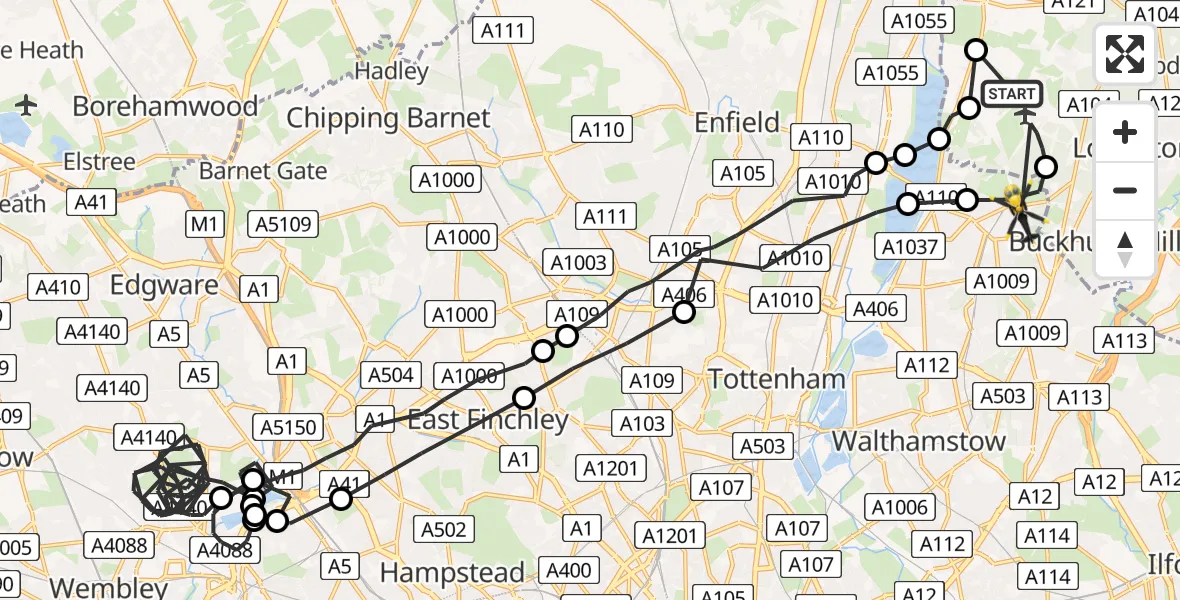 Flight path map showing Police Helicopter route from Metropolitan Police Air Support Unit Lippitts Hill to London Borough of Waltham Forest