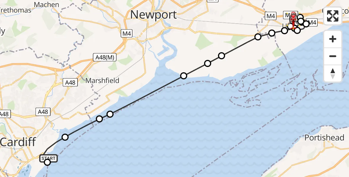 Flight path map showing Air Ambulance Helicopter route from Cardiff Heliport to Undy