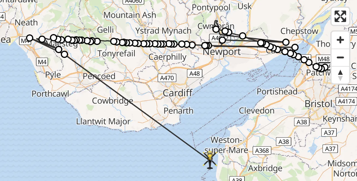 Flight path map showing Police Helicopter route from Almondsbury Helicopter Base to Bristol Channel