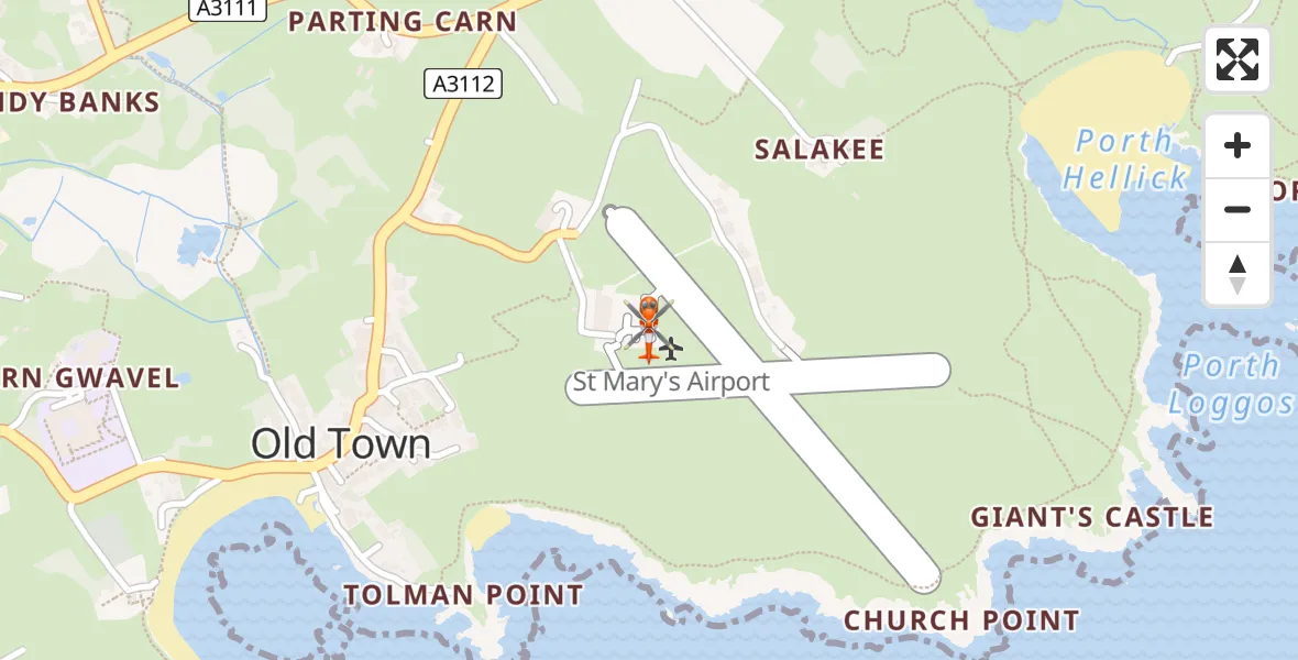 Flight path map showing Coastguard Helicopter route from St. Mary's Airport to St. Mary's Airport
