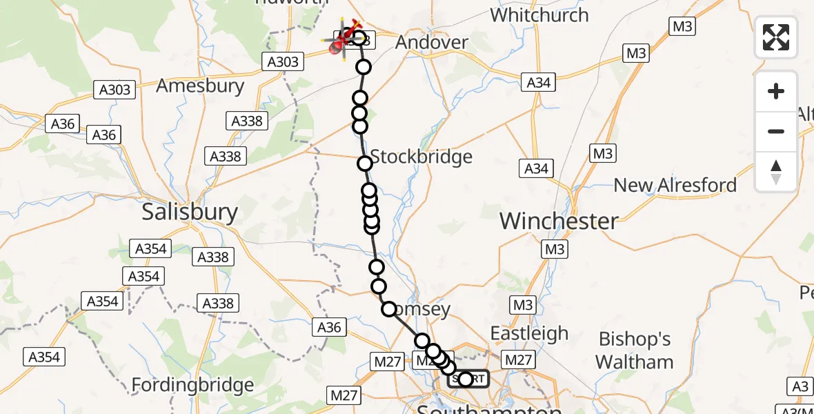 Flight path map showing Air Ambulance Helicopter route from University Hospital Southampton to Thruxton Aerodrome