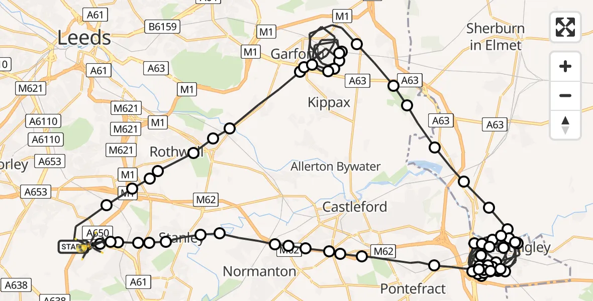 Flight path map showing Police Helicopter route from East Ardsley to East Ardsley
