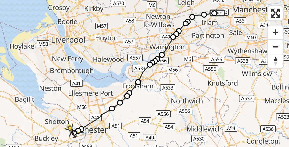 Flight path map showing Police Helicopter route from Manchester Barton Aerodrome to Hawarden Airport