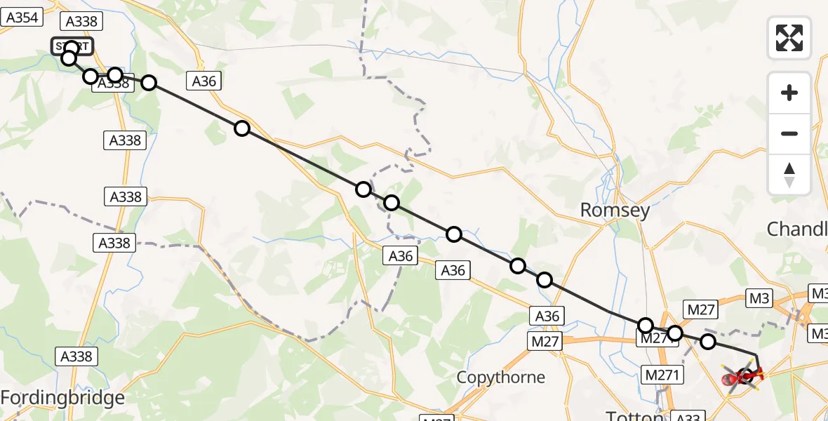 Flight path map showing Air Ambulance Helicopter route from Salisbury District Hospital to University Hospital Southampton