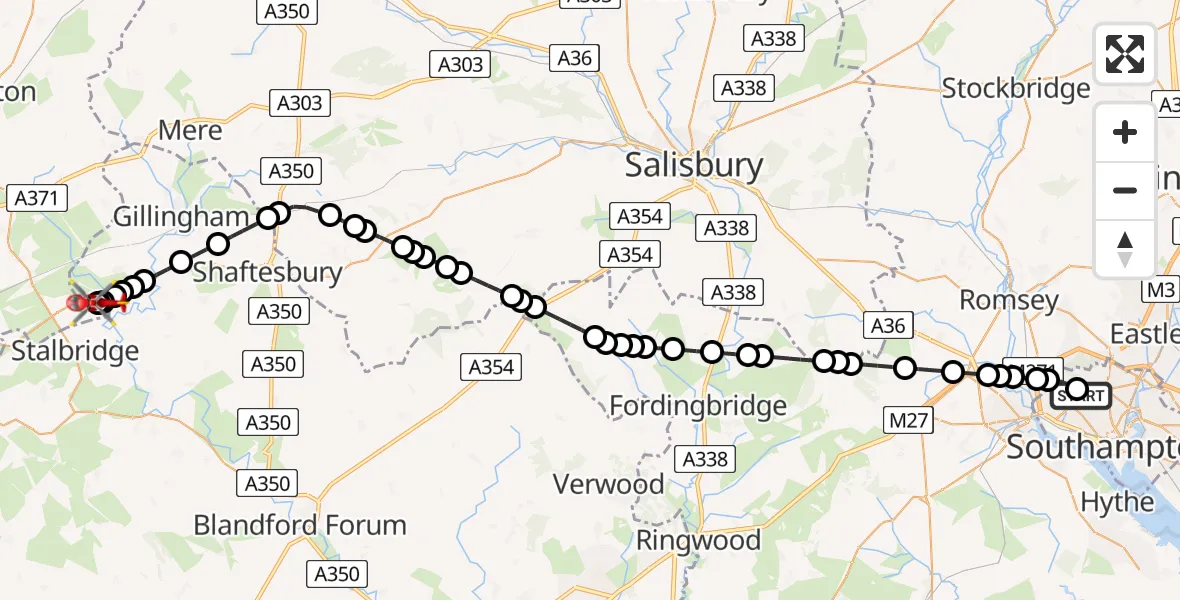 Flight path map showing Air Ambulance Helicopter route from University Hospital Southampton to Henstridge Airfield