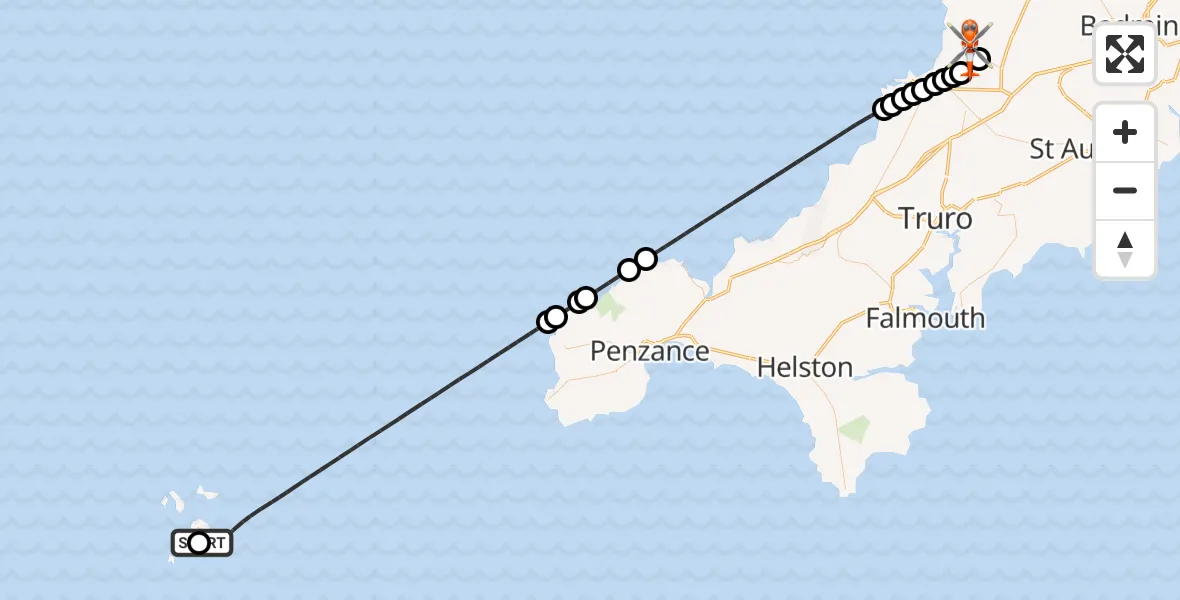 Flight path map showing Coastguard Helicopter route from St. Mary's Airport to Cornwall Airport Newquay