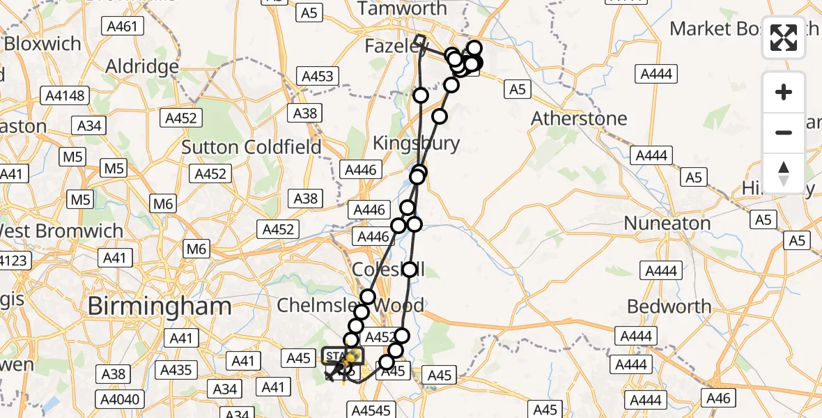Flight route Police Helicopter Birmingham Airport - Birmingham Airport, 15 March 2026, 23:45