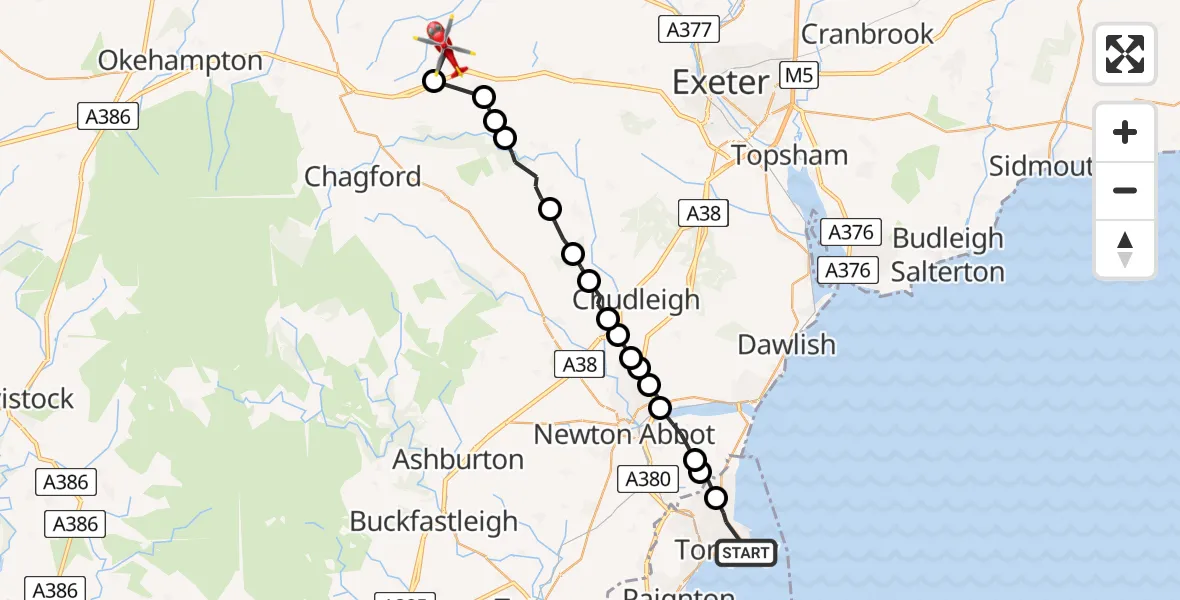 Flight path map showing Air Ambulance Helicopter route from Torquay to Mid Devon