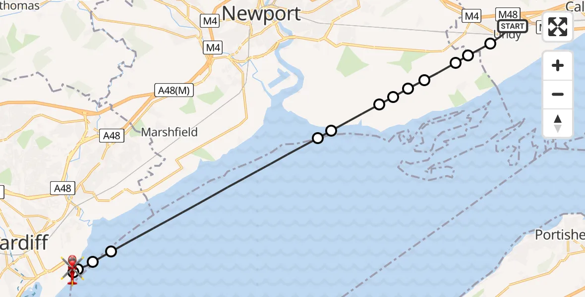 Flight path map showing Air Ambulance Helicopter route from Undy to Cardiff Heliport