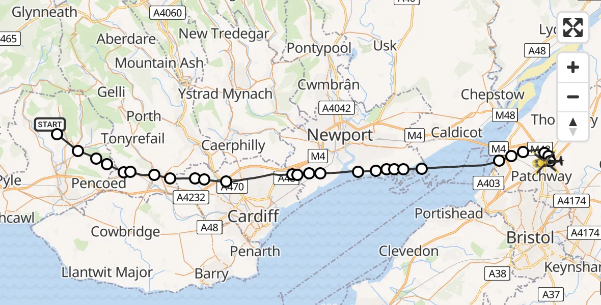Routekaart van de vlucht: Police Helicopter to Almondsbury Helicopter Base